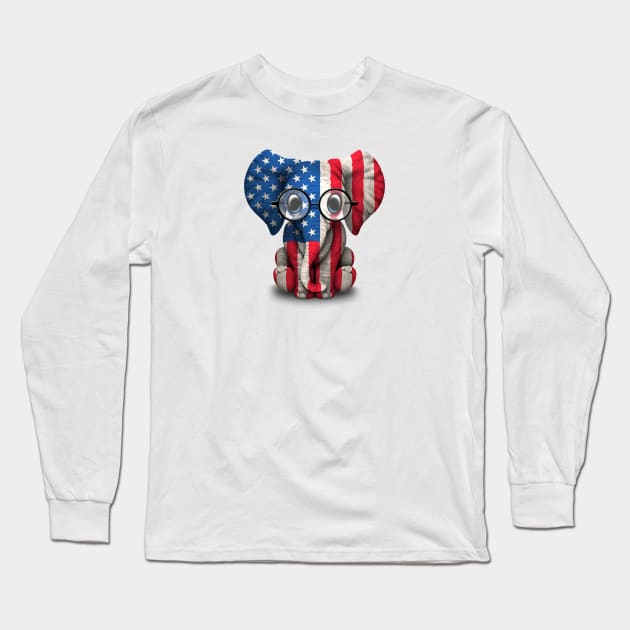 Baby Elephant with Glasses and American Flag Long Sleeve T-Shirt by jeffbartels